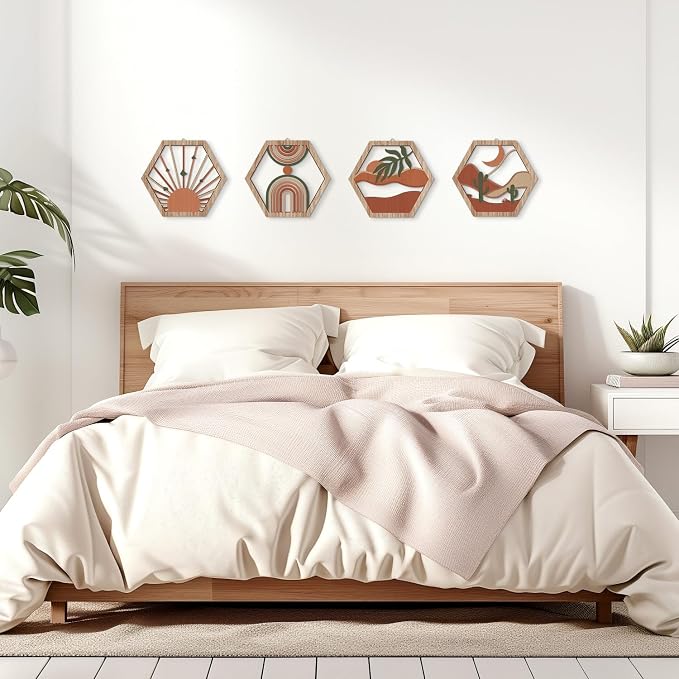 4 Pcs Boho Wall Art Decor, Bohemian Geometric Hanging Wood Sign for Living Room, Aesthetic Abstract Desert Cactus, Minimalist Farmhouse Botanical Wooden Plaque for Apartment Bedroom(11''x9.8'')