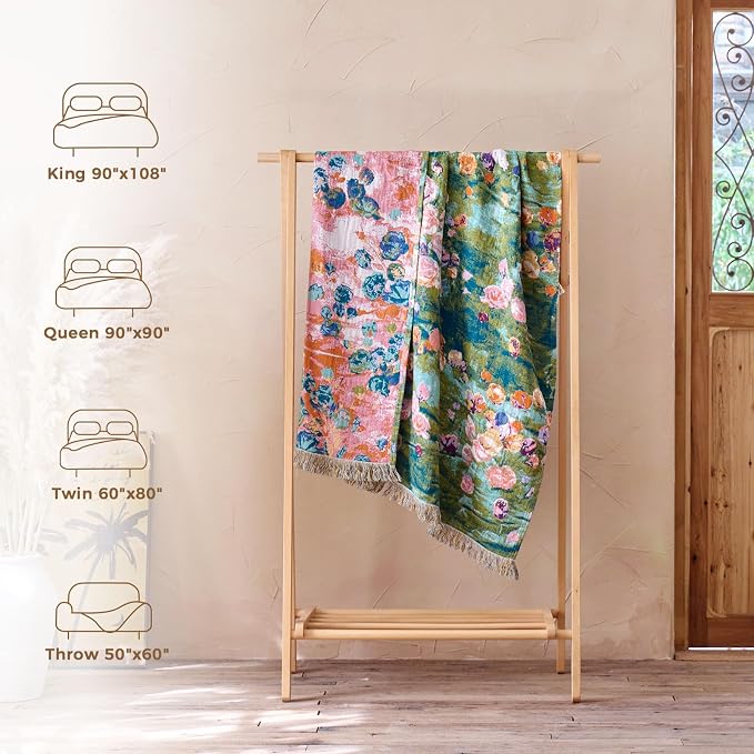 LUTBM Boho Throw Blanket for Couch Chair 50"x60", Cotton Cozy Bed Blankets | Reversible Green Garden Jacquard, All-Season, Decorative Throw for Sofa Chair Living Room, Lightweight Breathable, Home Decor