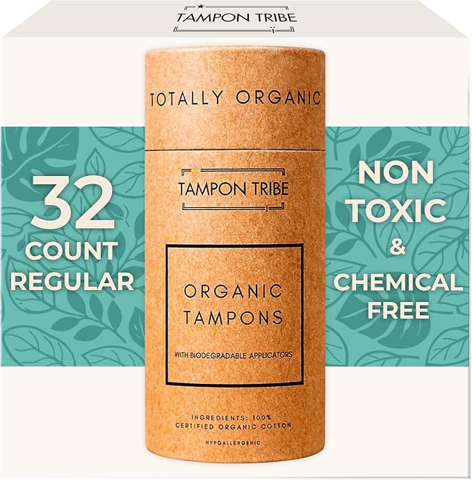 Tampon Tribe Regular Organic Tampons for Women | 32 Non-Toxic Tampons | Natural 100% Organic Cotton, Hypoallergenic, Metal and Chemical Free with Biodegradable Applicator | (32 Count - Regular)