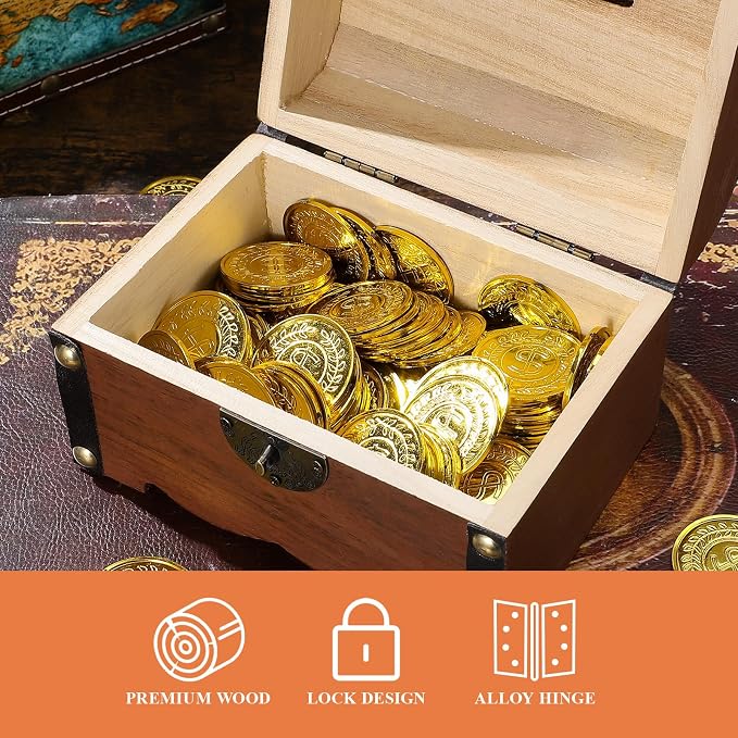 Toyvian Vintage Wooden Pirate Treasure Chest, Antique Jewelry Keepsake Organizer Box with Lock Decorative Storage Trunk for Necklaces Earrings Rings Trinkets Unique Gift for Women Men