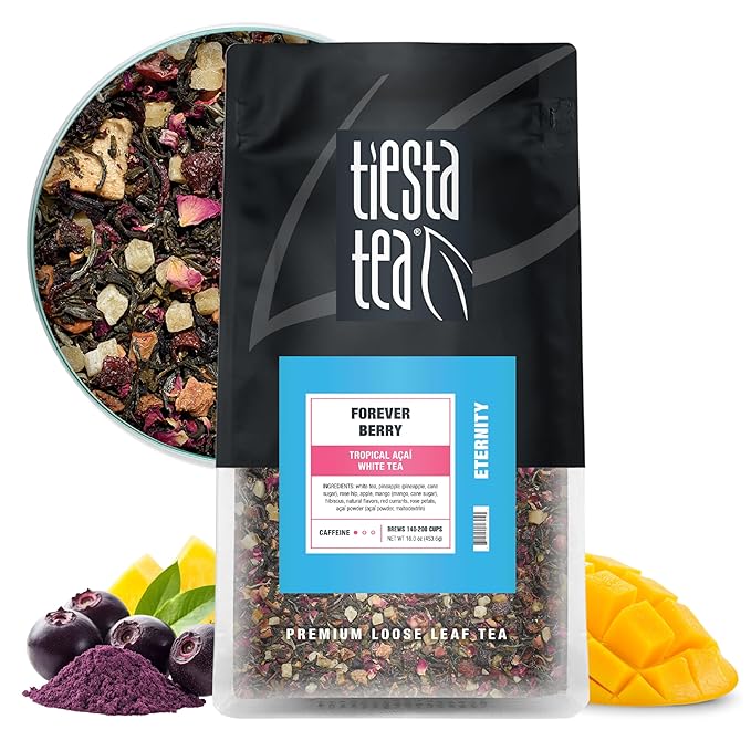 Tiesta Tea - Forever Berry Tea, Loose Leaf, Tropical Açaí White Tea, Premium Low Caffeine Tea Blend, Make Hot or Iced & Up to 200 Cups, 16 oz Resealable Bulk Pouch