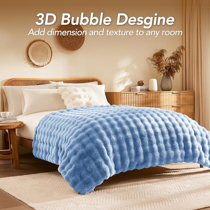 L'AGRATY Faux Rabbit Fur Throw Blanket for Couch, 60'' x 80'', Airy Blue | Soft Cozy Bubble Fluffy Blanket for Sofa Bed, Thick Warm Plush Fuzzy Throw for Room Home Decor, Luxury Gift for Women Mom