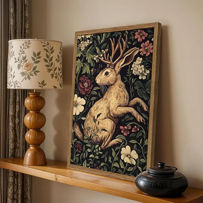 Vintage Rabbit Wall Art Whimsical Dark Cottagecore Jackalope Wall Decor Painting Moody Animal and Botanical Poster Canvas Print for Living Room Bedroom 16x24 inch Wood Framed