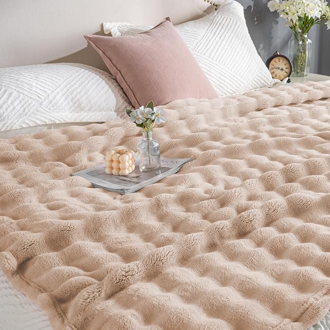Brown Faux Fur Throw Blanket for Couch, Soft Fluffy Bubble Blanket for Bed Sofa, Thick Warm Plush Fuzzy Rabbit Fur Blanket for Neutral Home Decor, 50"X 60"