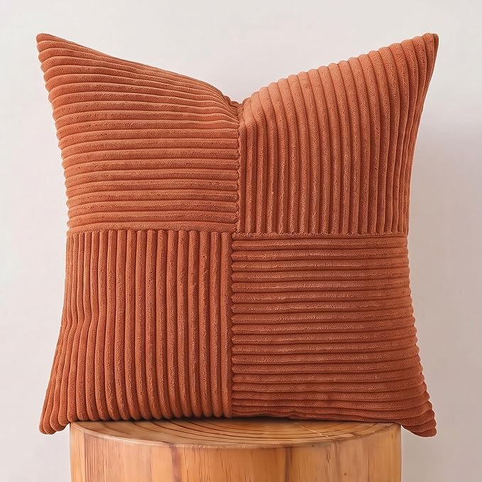 Fancy Homi Burnt Orange Decorative Throw Pillow Covers 24x24 Inch for Living Room Couch Bed, Boho Farmhouse Fall Home Decor, Soft Corss Corduroy Patchwork Textured Cushion Case 60x60 cm