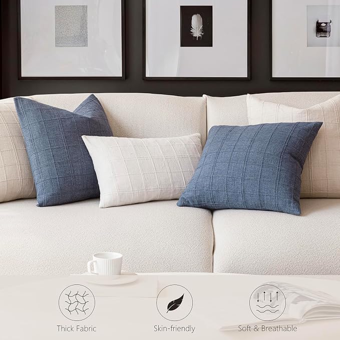 Foindtower Set of 2 Decorative Linen Check Throw Pillow Covers Neutral Farmhouse Lumbar Cushion Covers Modern Boho Home Decor for Sofa Chair Couch Bedroom Living Room,12×24 Inch,Natural Beige