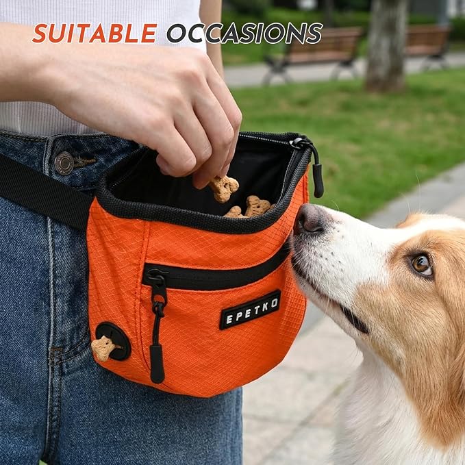 Dog Treat Pouch with Training Clicker, Treat Bag Fanny Pack with Magnetic and Zipper Closure Waterproof and Durable Treat Pouches for Pet Training Walking (Orange)