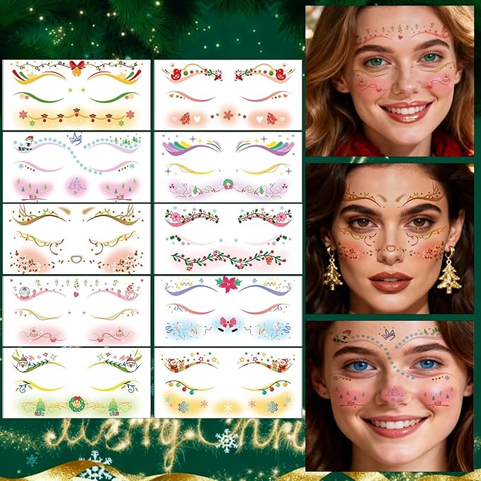 Christmas Temporary Tattoos Snowflake Bow Bell Blush Face Tattoos Mixed Styles Cartoon Santa Claus Eye Fake Tattoos Cute Stickers Waterproof Face Stickers for Girls Body Art Makeup 10 Sheets