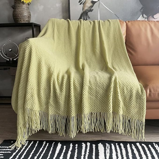 LOMAO Knitted Throw Blanket with Tassels Bubble Soft Lightweight Blanket Textured Lightweight Throws for Couch Cover Home Decor (Lemon Yellow, 50x60)