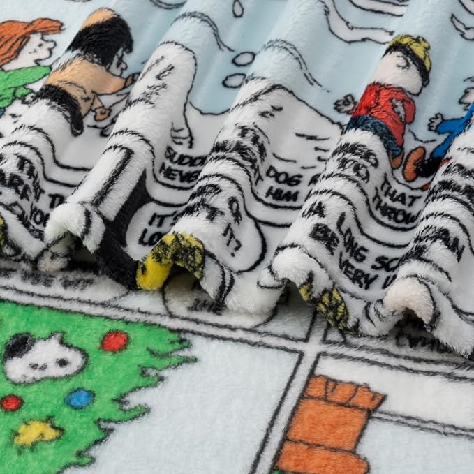 Berkshire Blanket Peanuts® VelvetLoft® Cute Character Snoopy Plush Oversized Throw Blanket, Peanuts Christmas Comic Strip Colorized White (50in x 60in)