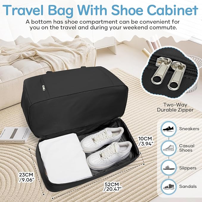 Travel Duffle Bag,Weekender Bags for Women with Shoe Compartment Personal Item Travel Bag Carry on Overnight Bags For Airplanes Gym Duffel Bag with Wet Pocket Hospital Bag for Labor and Delivery Black