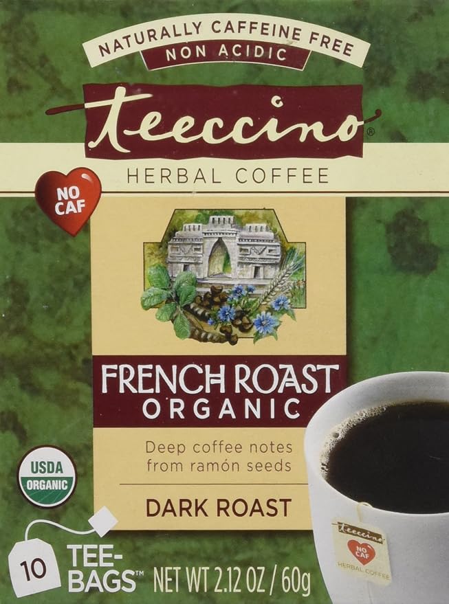Teeccino French Roast Herbal Tea - 10 Tea Bags - Rich & Roasted Herbal Tea That’s Caffeine Free & Prebiotic for Natural Energy, Coffee Alternative, (Pack of 6)