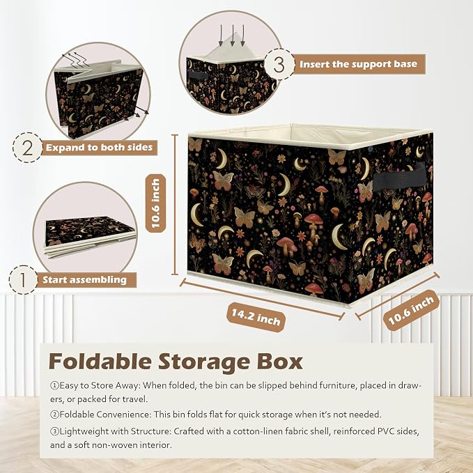 Enchanted Forest Boho Witchy Storage Box Bins, Mystical Moon Butterfly Mushroom Floral Collapsible Storage Basket Organizer for Bedroom Laundry Room Clothes Books, Decor for Room