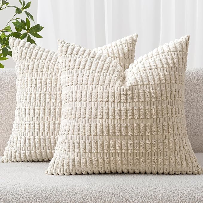 MIULEE Corduroy Decorative Throw Pillow Covers 20x20 Cream White Pack of 2 | Soft Boho Striped Pillow Covers Modern Farmhouse Home Decor For Sofa Living Room Couch Bed