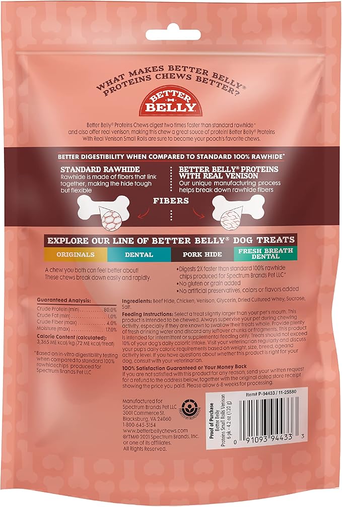 Better Belly Proteins Roll Highly Digestible Dog Treats, 6 Count | With Real Venison, Long-Lasting Digestible Chew, No Grain Added, No Artificial Colors Or Flavors, For Adult Dogs