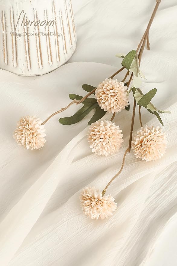 5pcs Beige Faux Silk Mums Artificial Flowers, Bulk Fake Small Mini Chrysanthemums with Stems for DIY Champagne Wedding Centerpieces Floral Arrangements Vase Fillers Home Decorations