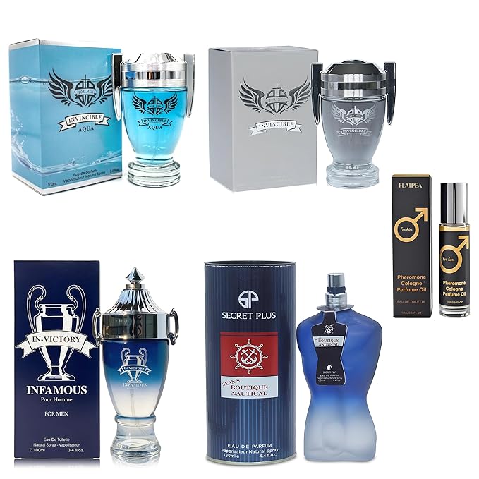 AFLUXE Men's Cologne Gift Set - Variety Pack of 4 Long Lasting Fragrances with 10ml Pheromone Cologne (In-Victory Infamous/Invincible Grey/Invincible Aqua SP/Sean Nautical)