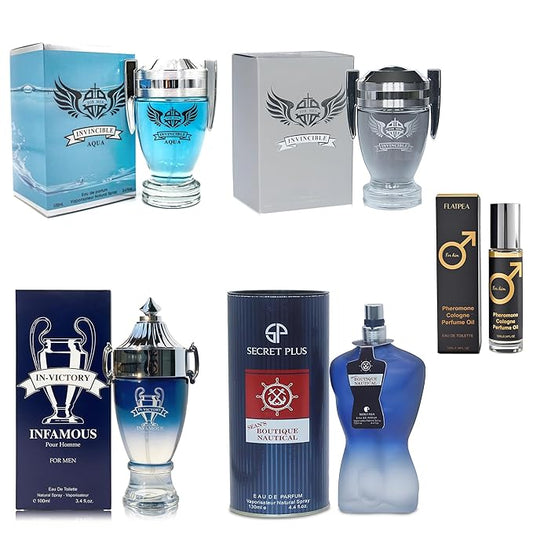 AFLUXE Men's Cologne Gift Set - Variety Pack of 4 Long Lasting Fragrances with 10ml Pheromone Cologne (In-Victory Infamous/Invincible Grey/Invincible Aqua SP/Sean Nautical)