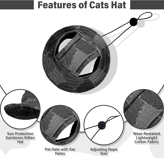 DENTRUN Cat Bucket Hat with Ear Hole, Cotton Birthday Bonnet for Small Pets | Breathable cotton, Adjustable Secures fit, For birthday Party, For small cats, daily cute photos
