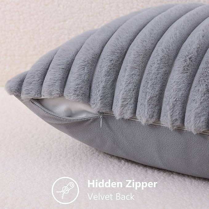 decorUhome Fall Faux Fur Throw Pillow Covers 12x20 Set of 2 Grey | Decorative Soft Cozy Striped Plush Modern Farmhouse Boho Couch Pillow Cases Velvet Back for Sofa Bed Living Room Home Decor