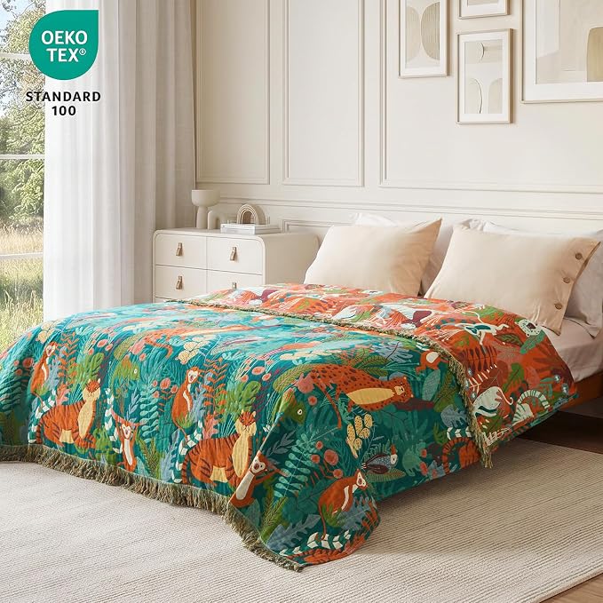 MSGKV Throw Blanket 60"x80" Cotton Tiger Twin Blanket for Couch Sofa Bed | 100% Cotton Throw, Tiger Design, Muslin Blanket, Summer Breathable, Farmhouse Home Decor, All Seasons, Machine Washable