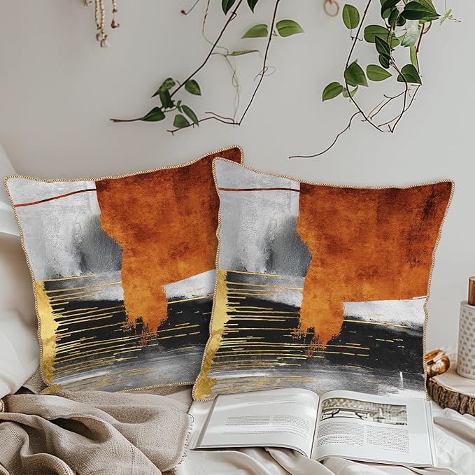 Burnt Orange Gold Grey Soft Velvet Throw Pillow Covers Set of 2 Taupe Gray Abstract Art Painting Decorative Pillow Covers 18x18 Inch Modern Retro Pillow Case For Sofa Couch Living Room Home Decor