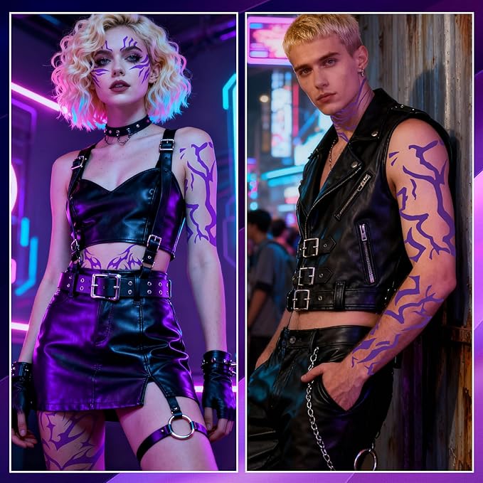 12 Sheets Cosplay Purple Temporary Tattoos，Dance Fake Tattoos Stickers for Cosplay, Halloween, Music Festival, Dance Party Makeup, Fantasy Creature Design, Fantasy Theme Costume Accessories