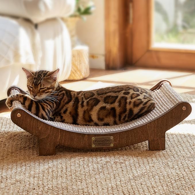 FUKUMARU Sisal Cat Scratcher Bed, Solid Wood Cat Hammock for Indoor Cats | 23.6 Inch Durable Scratching Bed, Large Cat Scratch Pad, Natural Sisal Hammock, Cat Lounger Scratcher for Sleeping (Brown)