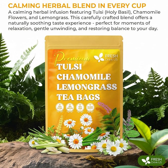 FreshDrinkUS, Premium 75 Tea Bags Tulsi Chamomile Lemongrass Herbal Tea | Blend with Holy Basil, Chamomile Flowers & Lemongrass Leaves – Naturally Caffeine-Free, Soothing Herbal Infusion. Vegan