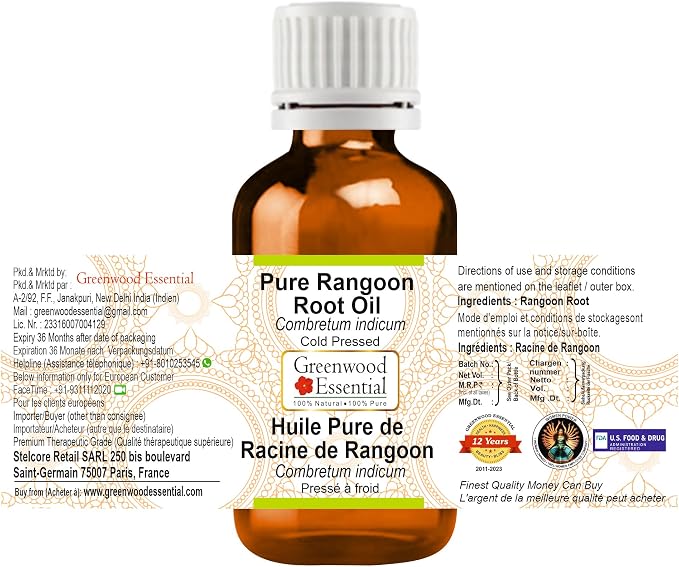 Greenwood Essential Rangoon Root Oil (Combretum indicum) | Cold Pressed | Natural | Undiluted | For Diluting Essential Oils | For Skin & Massage | Men & Women | 50ml (1.69 oz)