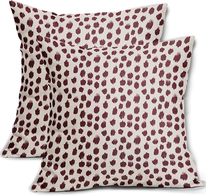 Burgundy Cream Pillow Covers 20x20 Set of 2 Boho Design Polka Dot Throw Pillows Modern Brush Strokes Print Decorative Outdoor Pillowcase Square Cushion Cover Linen Pillow Case for Home Sofa Couch Bed