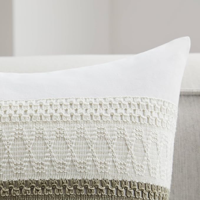 2pk Boho Pillow Covers 20x20, Natural White/Contrast/Dark Sage | 100% Organic Cotton Body, Stripe Embroidery, Farmhouse Decorative Cushion Covers for Sofa Bed Living Room Home Decor