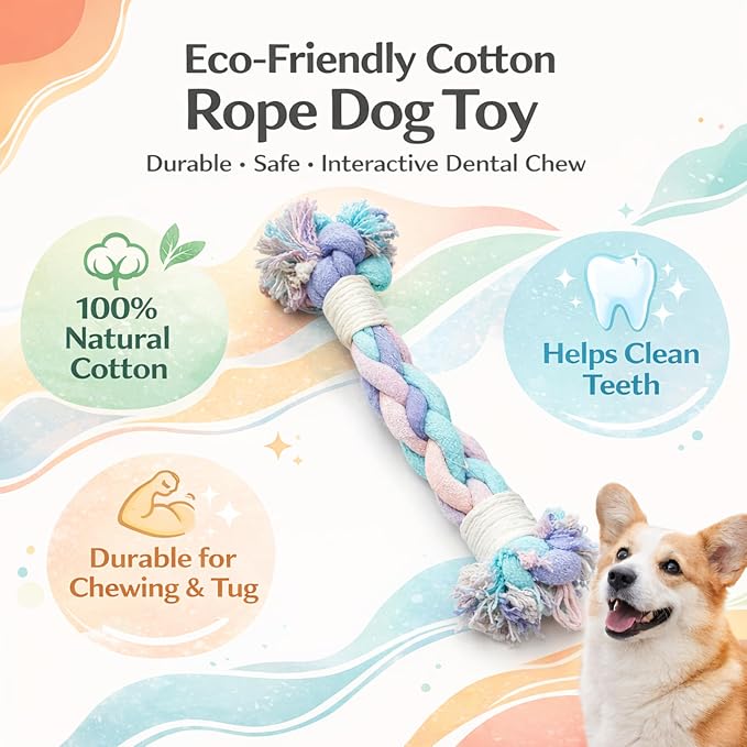 Dog Rope Toy – Eco-Friendly Durable Cotton Dog Chew Toy for Aggressive Chewers & Puppies – Interactive Molar Teeth Cleaning, Perfect for Small & Medium Dogs (10in), Safe, Non-Toxic, Fun Play