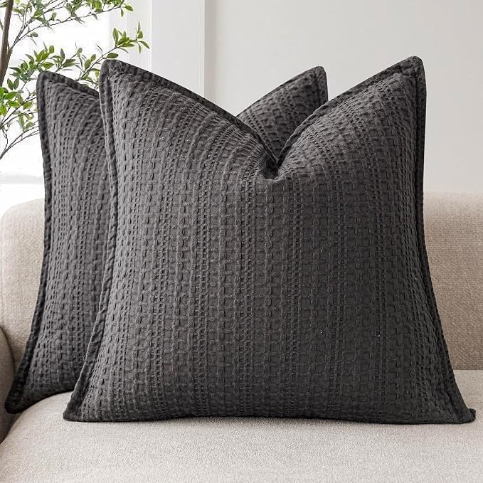 Foindtower Set of 2 Decorative Cotton Waffle Weave Throw Pillow Covers Euro Shams Cushion Covers Accent European Pillowcase for Bed Couch Sofa Bedroom Living Room Home Decor 24×24 Inch Dark Grey