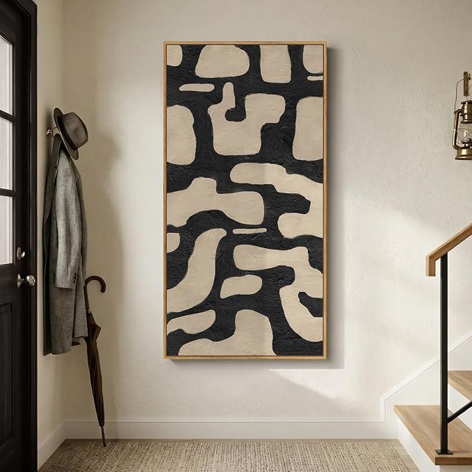 Large Framed Black and Beige Abstract Wall Art for Living Room, 30x60 In | Neutral pictures, Horizontal canvas prints, Wood frame, Modern minimalist artwork, Wall decor for bedroom dining room office