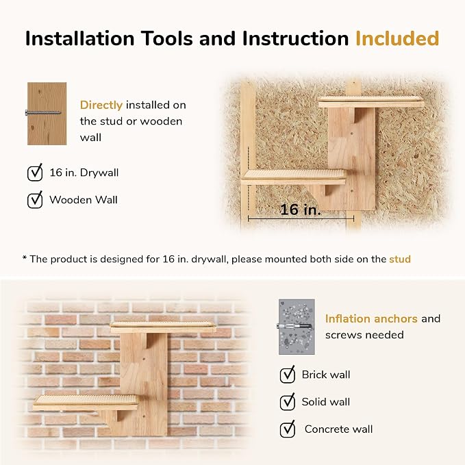 FUKUMARU Cat Wall Shelves, 2 Platform Kitten Wall Furniture, Tree Shape Wall-Mounted Floating Shelf with Sisal Mat, Solid Rubber Wood Cats Perch for 16 Inch Drywall, Suitable for Climb, Play, Nap | Floating Shelf Kitten Furniture, Solid Rubber Wood Cat...