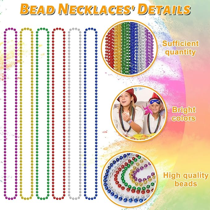 Mardi Gras Beads, 24PCS Metallic Colorful Bead Necklace Party Favors, 6 Kinds of 33" Beaded Necklace Costume Women Men Stuff, Festival Parade Throw Accessories for Wedding Birthday Celebrations
