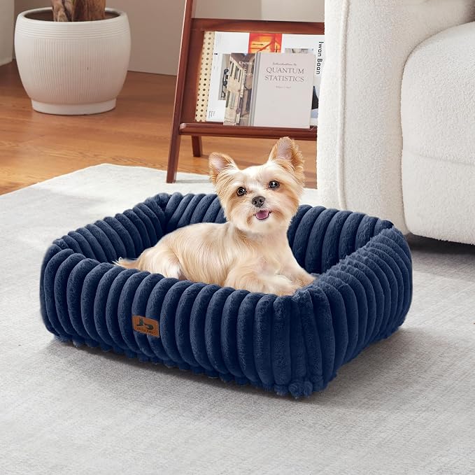Cute Dog Bed for Small Dogs & Cats,Washable Fluffy Cat Beds for Indoor Cats, Rectangle Orthopedic Memory Foam Puppy Beds with Anti-Slip Bottom, 20 x19 x 7 Inches, Navy