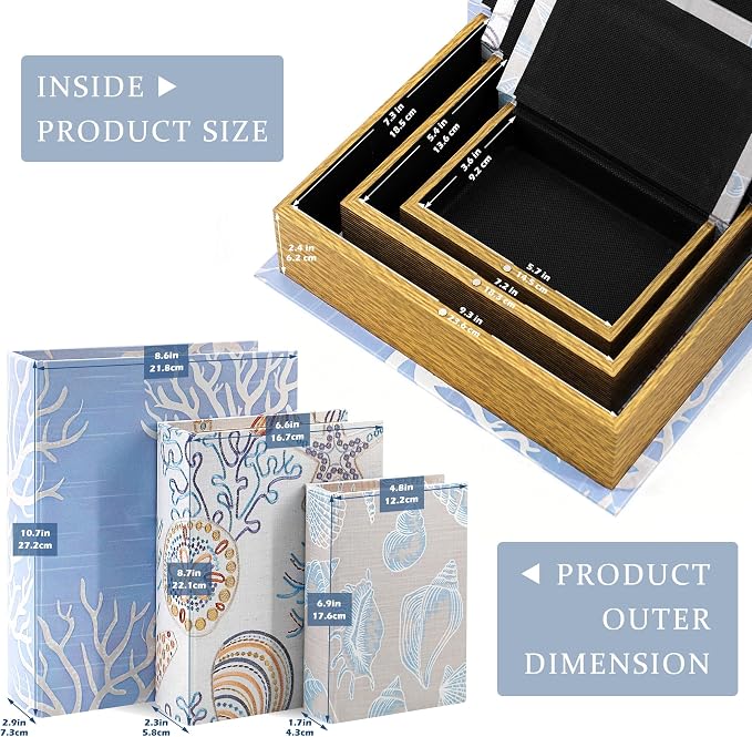 Jolitac Wooden Decorative Book Boxes 3 Pack - Vintage Style Secret Storage Boxes Handcrafted Wooden Storage Containers with Rustic Magnetic Closure for Jewelry & Keepsakes (Blue Ocean)