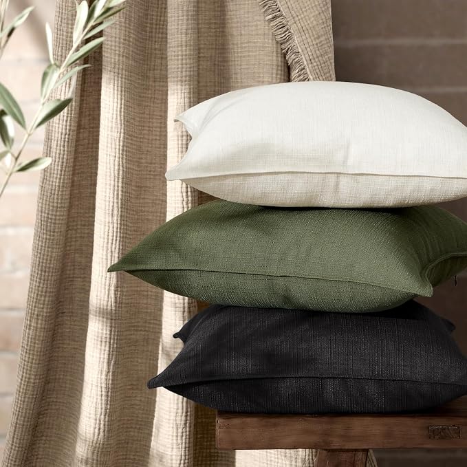 MIULEE Thick Textured Decorative Throw Pillow Covers 20x20 Inch Black | Set of 2, Linen Blend Pillow Cover, Flange Edge Design, Farmhouse Modern Boho Style, Bed Couch Living Room Decor