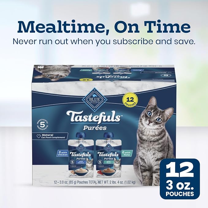 Blue Buffalo Tastefuls Purees Variety Pack Cat Food Topper, 3 oz, 12 ct | Chicken & Tuna Purées (6 of Each), Resealable Twist Cap, Cat Food Complement