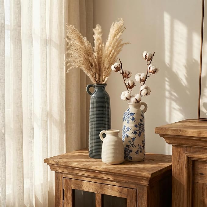 Ceramic Vase Set of 3 with Handles, Blue White Neutral Rustic Modern Farmhouse Boho Decor, Versatile as Table Centerpiece or Mantel & Shelf Accent - Unique Home Gift Idea