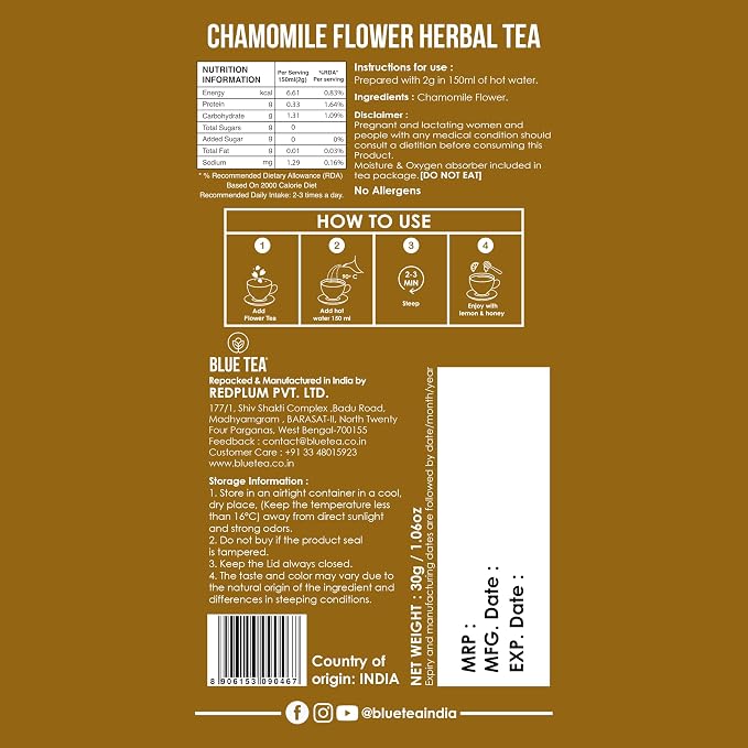 BLUE TEA - Chamomile Tea - 1.05 Oz (50+ Cups) Loose | Get a good Sleep - Relaxation - Stress Relief | Herbal Tea - Caffeine Free - Flower Based - Non-Bitter - Night Time Tea | Reusable Pet Jar