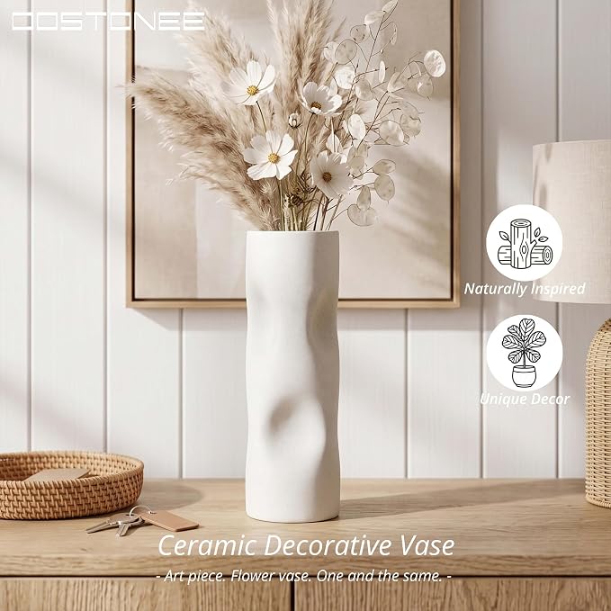 11 Inch Tall White Ceramic Vase – Modern Boho Geometric Home Decor for Living Room, Shelf & Coffee Table