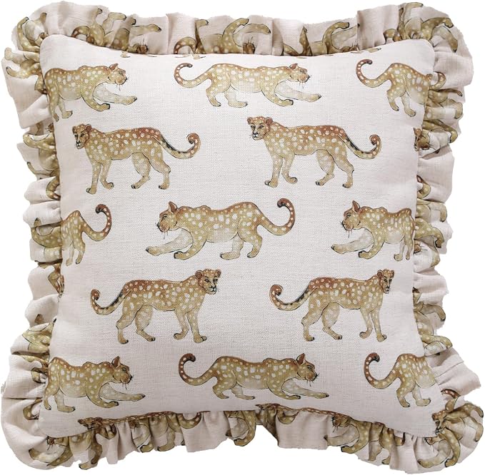 patdrea Designer Vintage Linen Throw Pillow Cover,18"x18"-Fromm C | Elegant Decorative Pillow Case with Zipper,Ruffle Leopard Pattern,Pillow Cover for Couch Living Room Bedroom Sofa