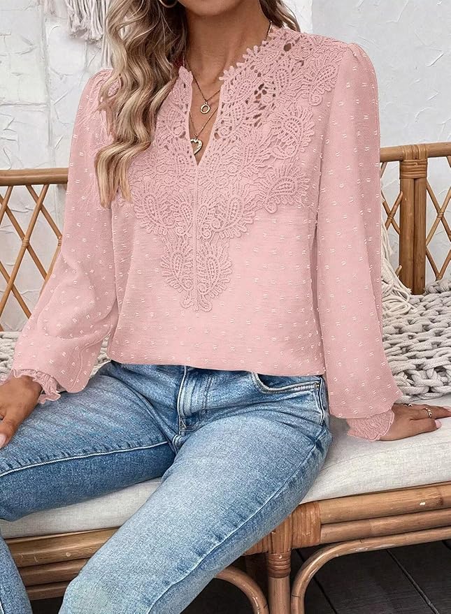 Womens Tops Swiss Dot Boho Long Sleeve Shirts V Neck Casual Chiffon Blouses Flowy Lace Hem Cute Clothing Trendy 2026