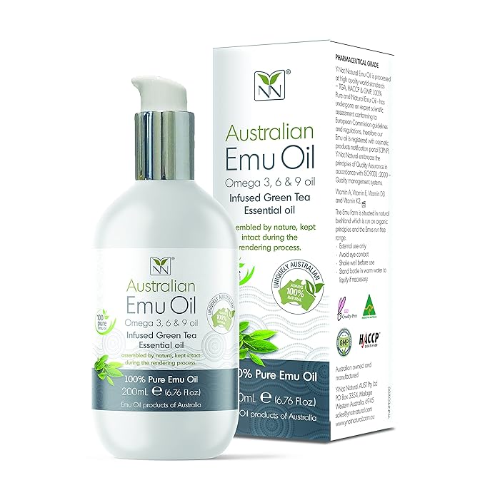 Y Not Natural Pure Emu Oil - Organic Moisture for Face, Body, Hair, Scalp & Nails - Rich in Omega 3-6-9, Vitamins & Essential Minerals - Australian Emu Oil (200ml) 6.76 fl oz - Green Tea
