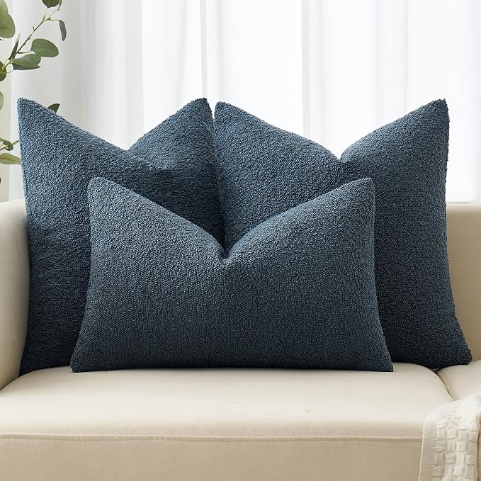 MIULEE Textured Boucle Lumbar Pillow Cover for Bed 12x20 Dark Blue | Pack of 1 Textured Neutral Couch Throw Pillow Cover, Accent Solid Pillowcase, Sofa Living Room Home Decor