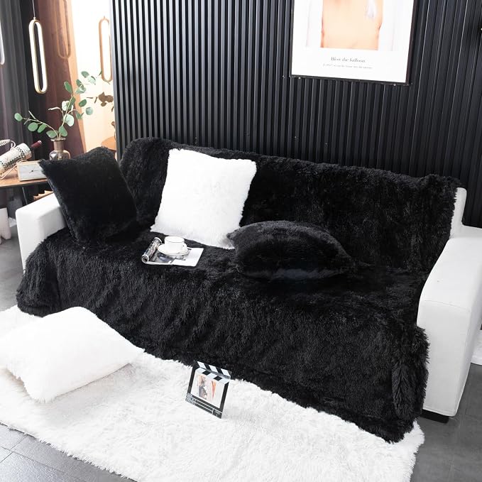 YUSOKI Long Faux Fur Twin Size Blanket, Black, 60" x 80" | Ultra Soft, Lightweight for All Season Use, stays fluffy after repeated washes, Perfect Gifts, Machine Washable