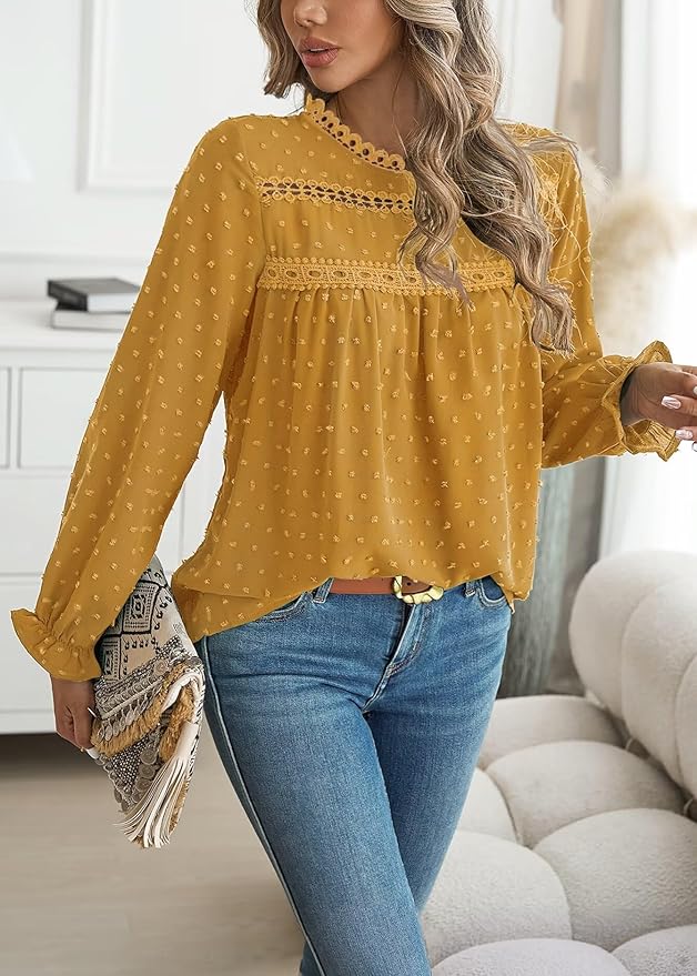 Womens Boho Tops Long Sleeve Shirts For Women Cute Crewneck Blouse Dressy Casual Swiss Dot Crochet Hollow Top 2026